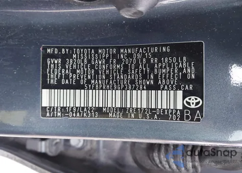 2016 Toyota Corolla Le Eco Premium from USA, damaged, VIN 5YFBPRHE9GP387284